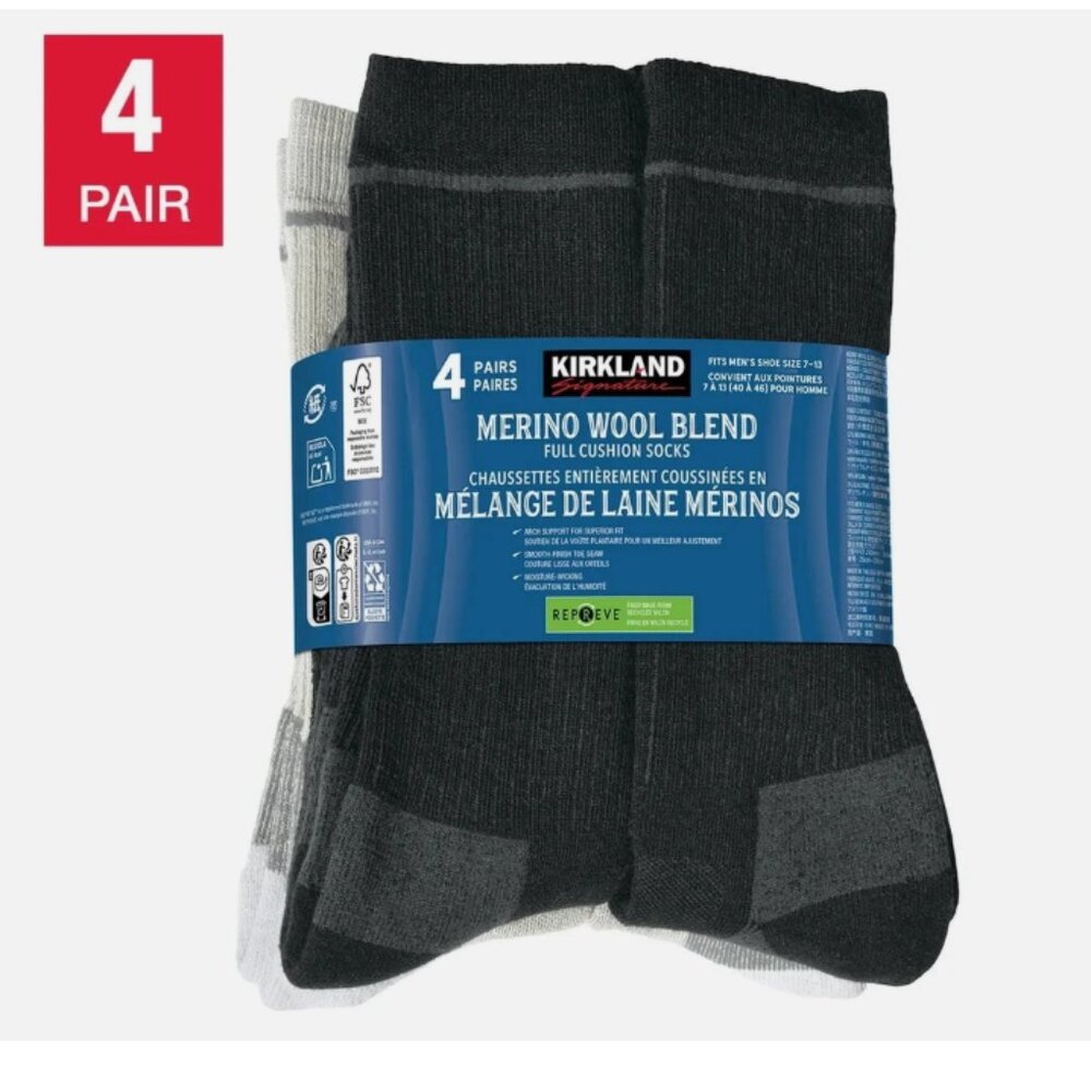 Kirkland Signature Men's Wool Blend Sock, 4-pair Men's 7-13